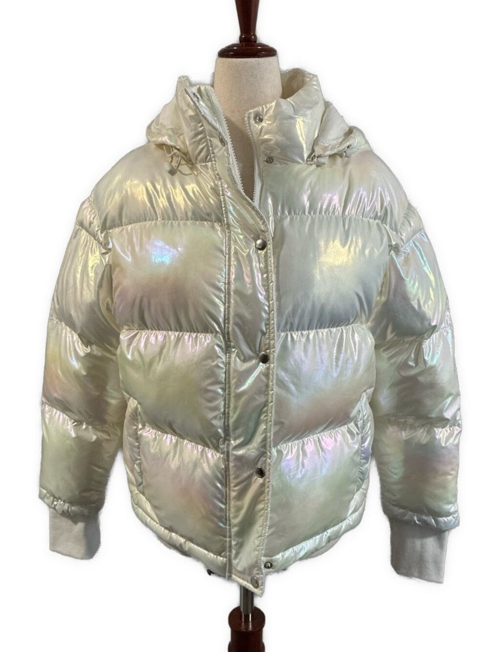 Reflective Iridescent Pearl White Hooded Puffer Jacket Holographic Coat Large